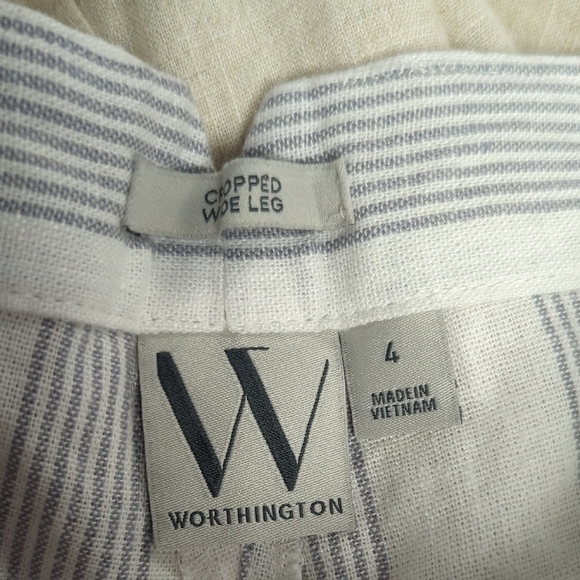 Worthington Striped Linen Wide Leg Cropped Pant White Gray 4 preppy coastalcore - Picture 6 of 7